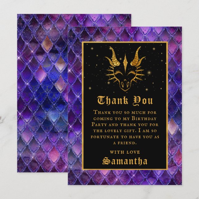 Purple Dragon Scales Gold Faux Glitter Birthday Thank You Card (Front/Back)