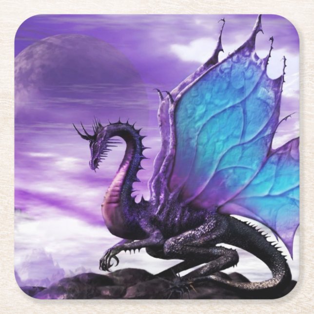 Purple Dragon Square Paper Coaster (Front)
