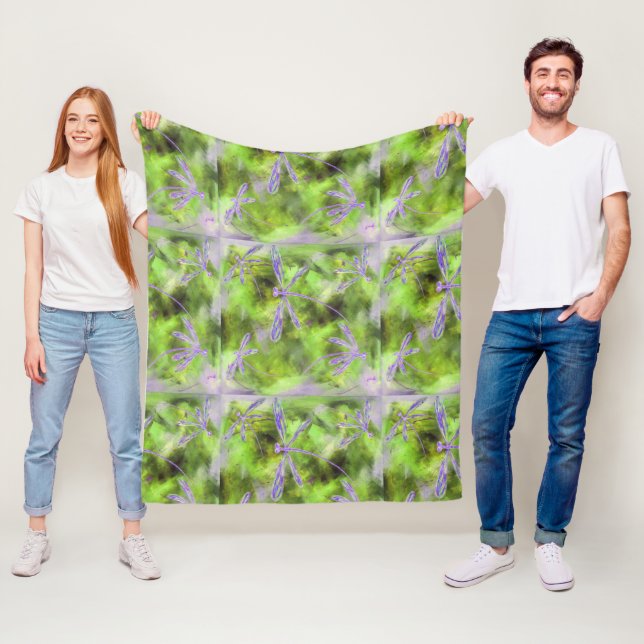 Purple Dragonflies on Lime Fleece Blanket (In Situ)