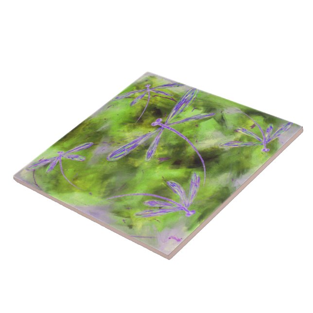 Purple Dragonflies on Lime Green Ceramic Tile (Side)
