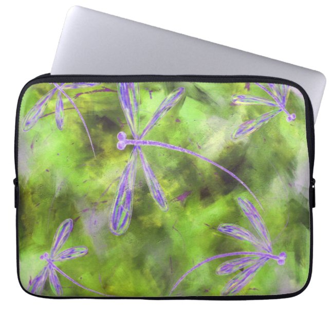 Purple Dragonflies on Lime Laptop Sleeve (Front)