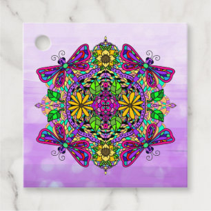 Purple Dragonfly and Flowers Mandala Hand Drawn    Favour Tags