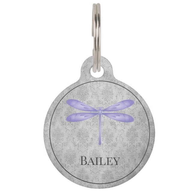 Purple Dragonfly Damask Round Pet Tag (Front)