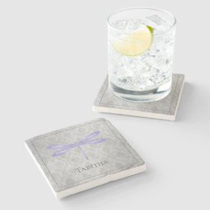 Purple Dragonfly Damask Stone Coaster