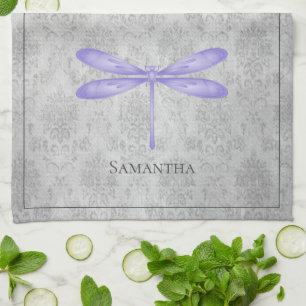 Purple Dragonfly Damask Tea Towel