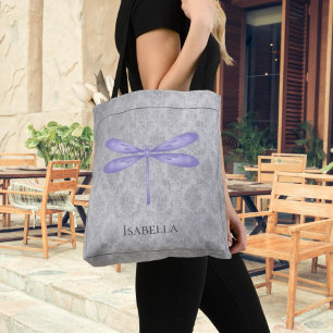 Purple Dragonfly Damask Tote Bag