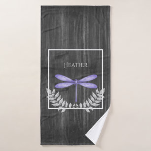 Purple Dragonfly Rustic Personalised Bath Towel Set