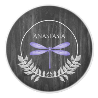 Purple Dragonfly Rustic Personalised Ceramic Knob
