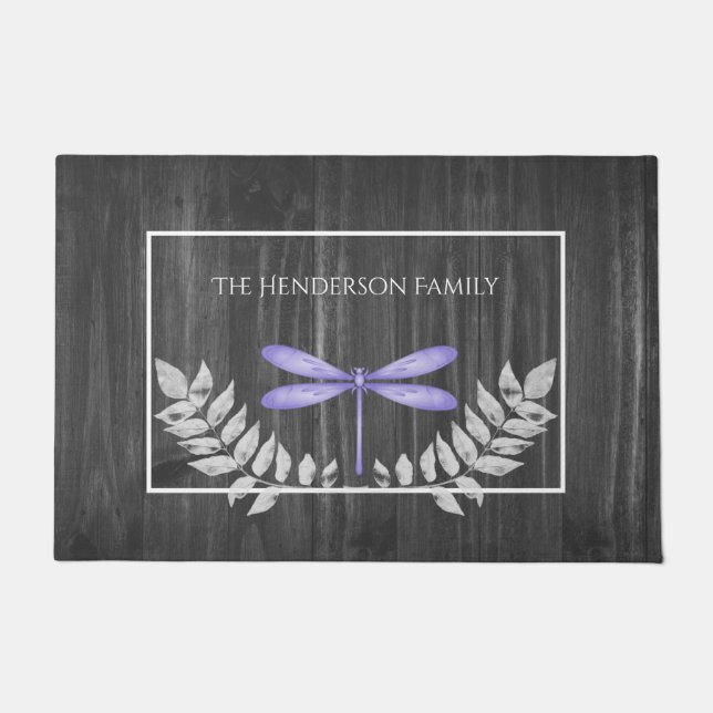 Purple Dragonfly Rustic Personalized Doormat (Front)