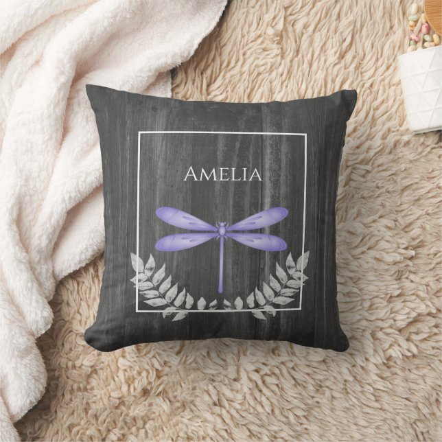 Purple Dragonfly Rustic Throw Pillow (Blanket)