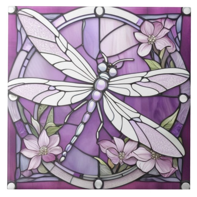 Purple Dragonfly Stained Glass Flower Ceramic Tile (Front)