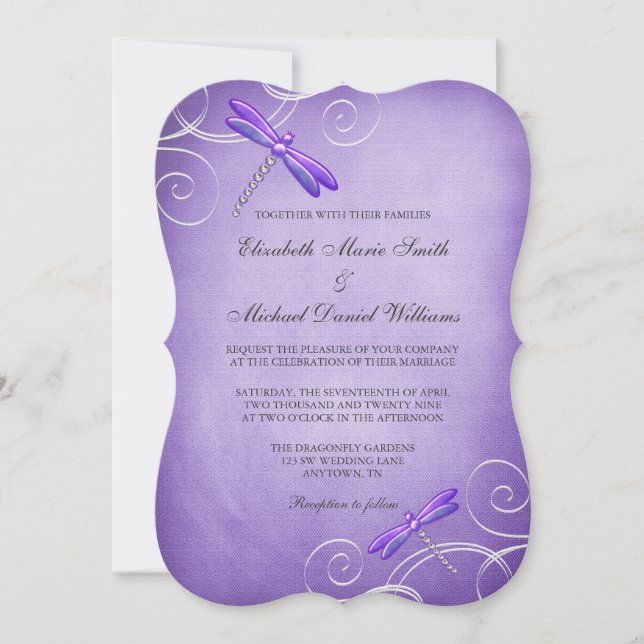 Purple Dragonfly Swirls Wedding Invitation (Front)