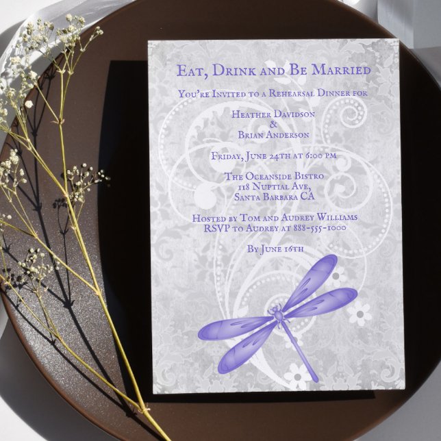 Purple Dragonfly Wedding Rehearsal Dinner Invite (Purple Dragonfly Wedding Rehearsal Dinner Invitation)