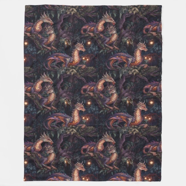 Purple Dragons Perched in Trees Fleece Blanket (Front)