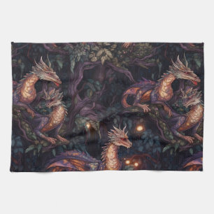 Purple Dragons Perched in Trees Tea Towel