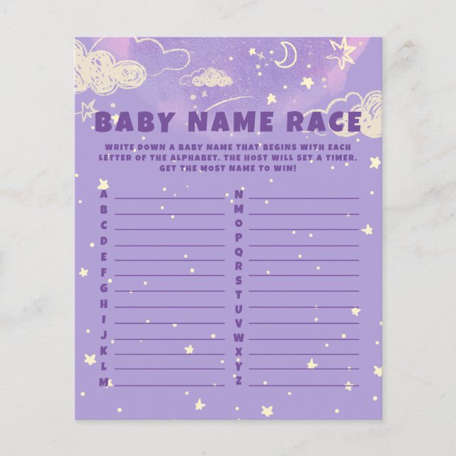 Purple Dream Baby Name Race Baby Shower Game (Front)