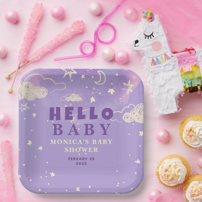 Purple Dream Baby Shower Hello Baby Paper Plate (Party)