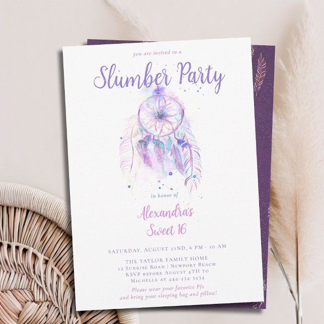 Purple Dream Catcher Slumber PJ Party Sweet 16 Invitation (sweet 16 slumber party invitation birthday pj sleep over dreamcatcher pink purple watercolor feather)