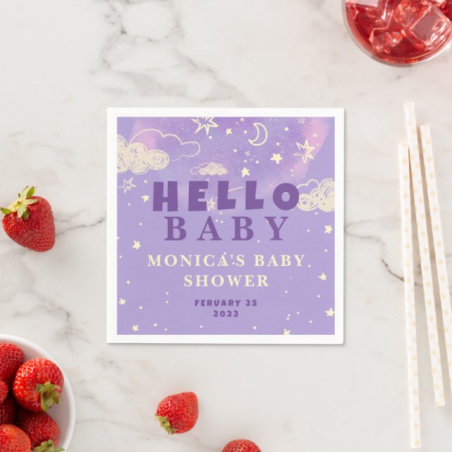 Purple Dream Sky Hello Baby Baby Shower  Napkin (Insitu)