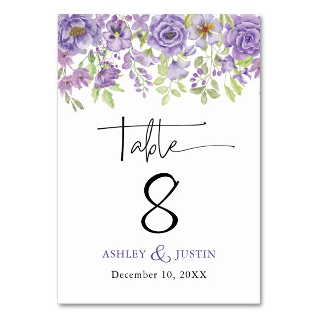 Purple dreams stylish wedding floral Table Card (Front)