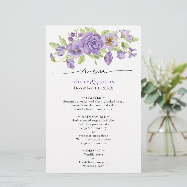 Purple dreams stylish Wedding Reception Menu (Standing Front)