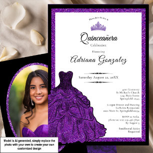 Purple Dress and Tiara Custom Photo Quinceanera Invitation