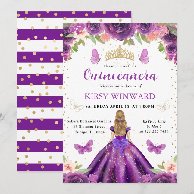 Purple Dress Blonde Princess Quinceanera Invitation (Front/Back)