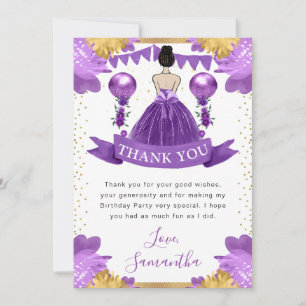 Purple Dress Brunette Hair Princess Birthday Thank You Card