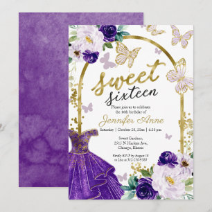 Purple Dress Butterfly Floral Sweet 16 Invitation