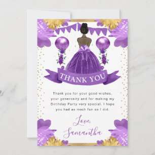 Purple Dress Dark Skin Princess Birthday Thank You Card