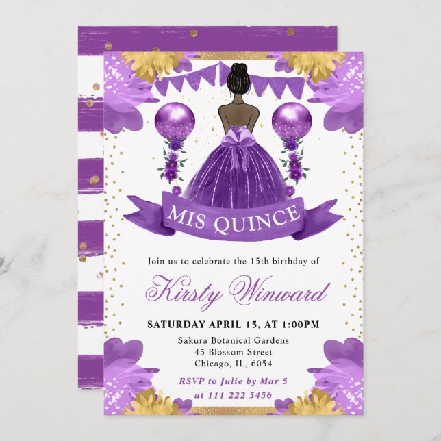 Purple Dress Dark Skin Princess Quinceanera Invitation (Front/Back)