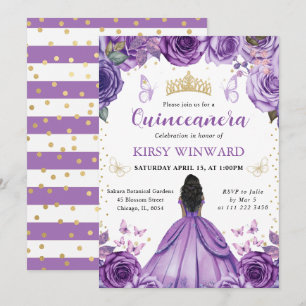 Purple Dress Dark Skin Princess Quinceanera Invitation