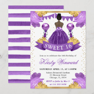 Purple Dress Dark Skin Princess Sweet 16 Invitation