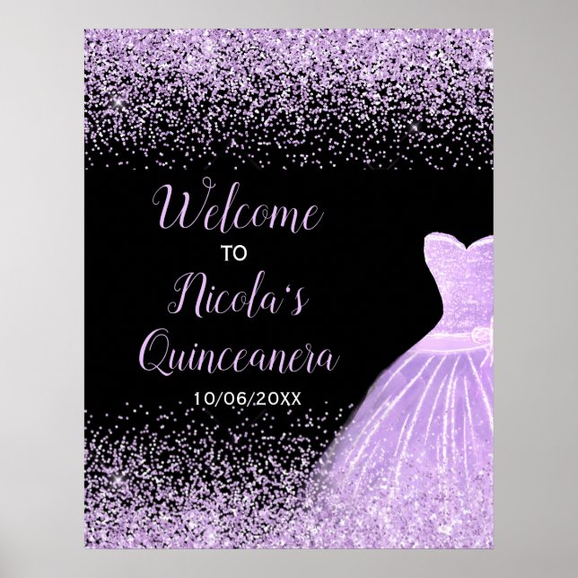 Purple Dress Faux Glitter Quinceanera Welcome Poster (Front)
