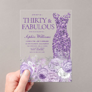 Purple Dress Floral 30 & Fabulous 30th Birthday Acrylic Invitations