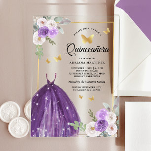 Purple Dress Floral Butterfly Gold Quinceanera Acrylic Invitations