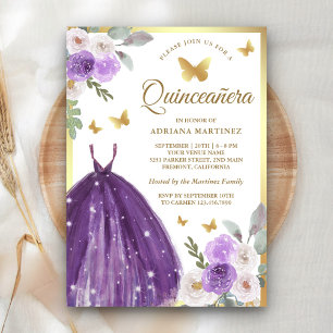 Purple Dress Floral Butterfly Gold Quinceanera Invitation