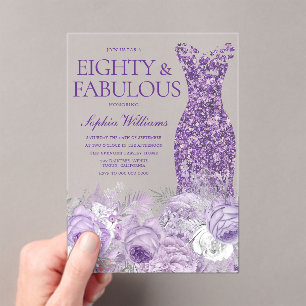 Purple Dress Floral Eighty Fabulous 80th Birthday Acrylic Invitations