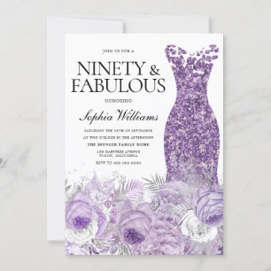 Purple Dress Floral Ninety Fabulous 90th Birthday Invitation
