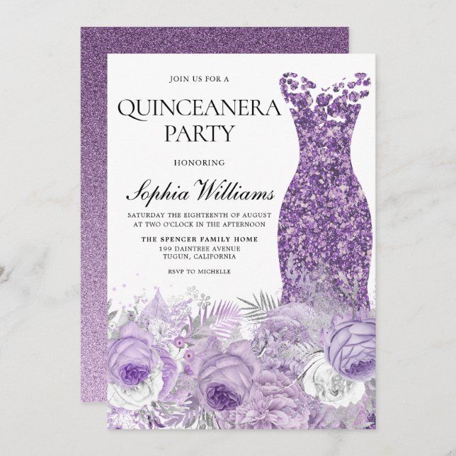 Purple Dress & Floral Quinceanera Party Invitation (Front/Back)