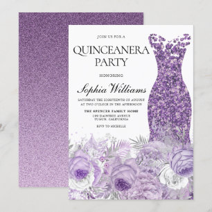 Purple Dress & Floral Quinceanera Party Invitation