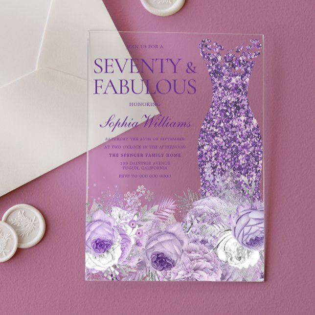 Purple Dress Floral Seventy Fabulous 70th Birthday Acrylic Invitations (Creator Uploaded)