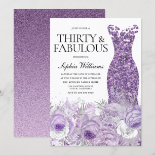 Purple Dress Floral Thirty Fabulous 30th Birthday Invitation