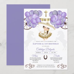 Purple Dress Gold Baby Charra Balloons Baptism Invitation