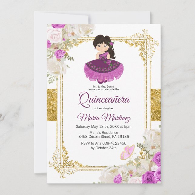 Purple Dress Mexican Charra Mis XV Anos 1 Invitation (Front)