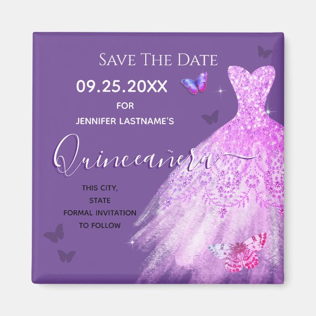 Purple Dress Quinceanera Save the Date Ma Magnet (Front)