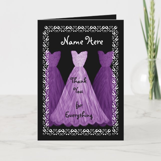 PURPLE Dresses BRIDESMAID Wedding Thank You Card (Front)