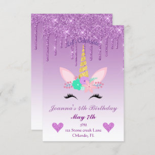 Purple Dripping Glitter/Floral Unicorn Birthday Invitation