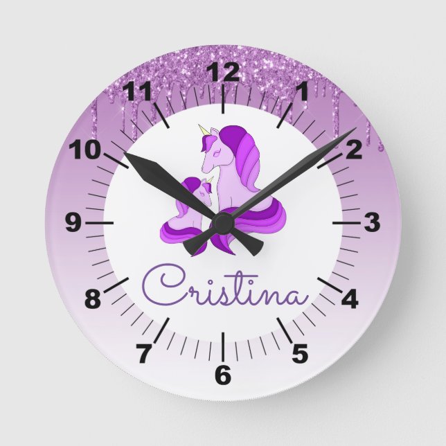 Purple Dripping Glitter & Purple Unicorns / Round Clock (Front)