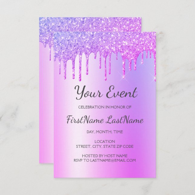 Purple Dripping Glitter Sweet 16 Bridal Shower Invitation (Front/Back)